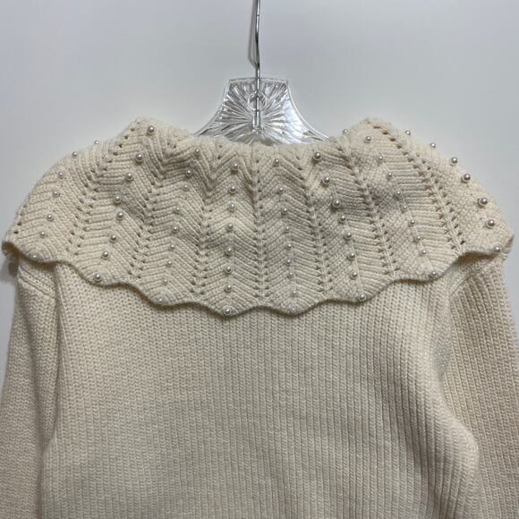 ZARA Ruffled Cable Knit Sweater Ecru with Pearls and Bow Size Small 4331/003 - Picture 10 of 16